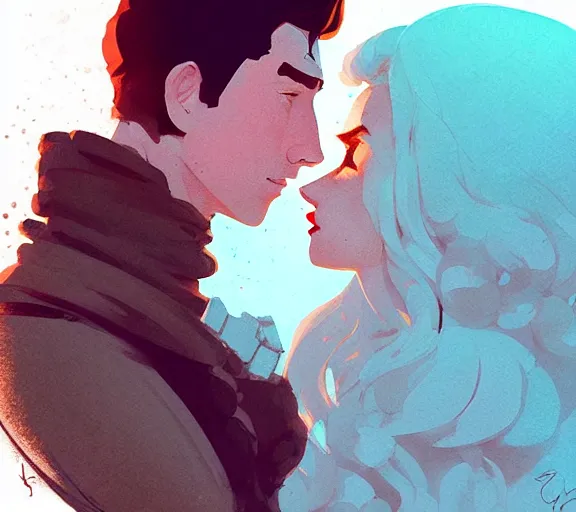 Prompt: portrait of jon kissing sansa by atey ghailan, by greg rutkowski, by greg tocchini, by james gilleard, by joe fenton, by kaethe butcher, dynamic lighting, gradient light blue, brown, blonde cream and white color scheme, grunge aesthetic