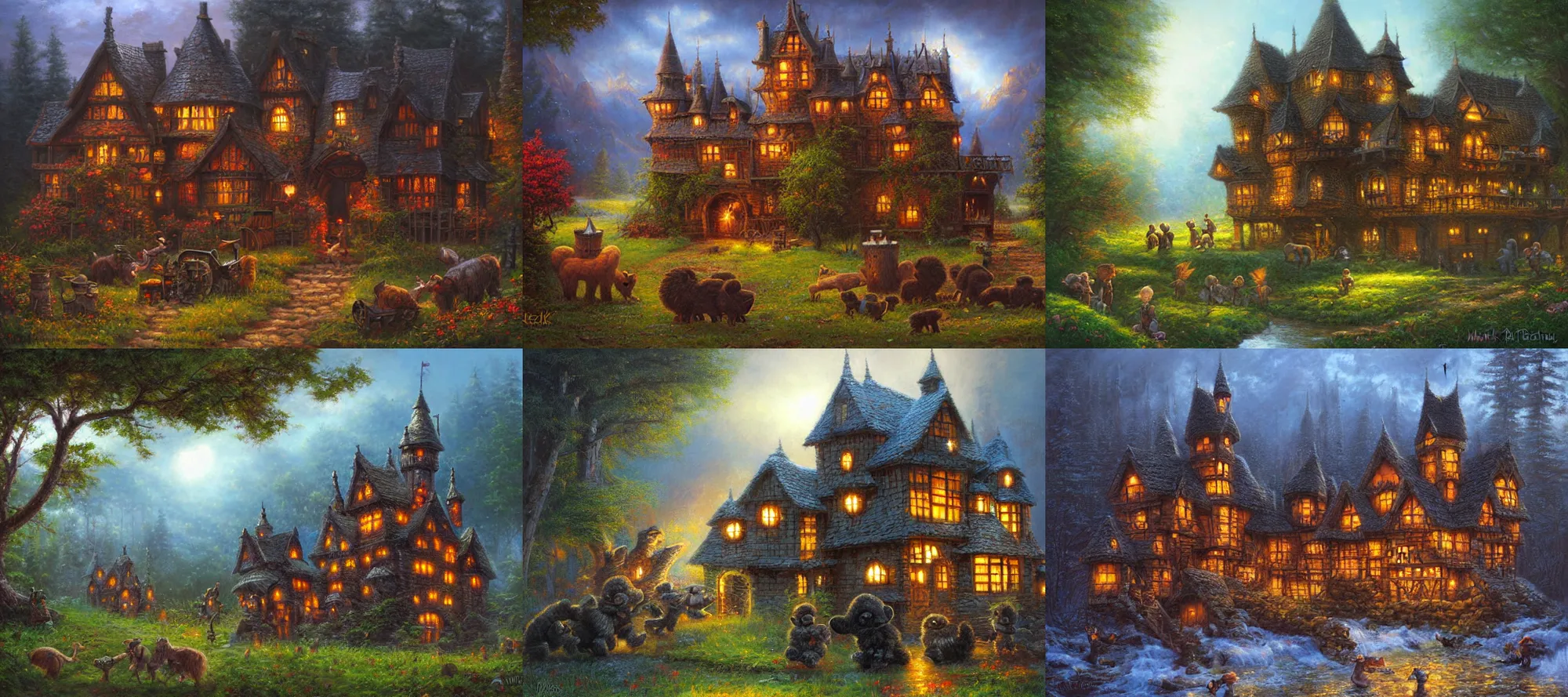 Prompt: little fuzzy black creatures building a wooden castle, Mark Keathley, Andreas Rocha