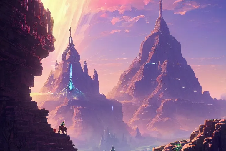 Image similar to the ancient temple zelda breath of the wild, in the style of stephan martiniere and vicente segrelles, trending on artstation, back lighting tilt - shift cottagecore, abstract illusionism, movie poster, creature concept art, precisionism