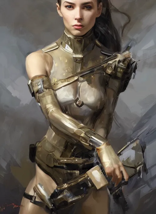 Image similar to a professional painting of a beautiful young female, clothed in military armor, olive skin, long dark hair, beautiful bone structure, symmetrical facial features, intricate, elegant, digital painting, concept art, smooth, sharp focus, illustration, from Metal Gear, by Ruan Jia and Mandy Jurgens and Artgerm and William-Adolphe Bouguerea