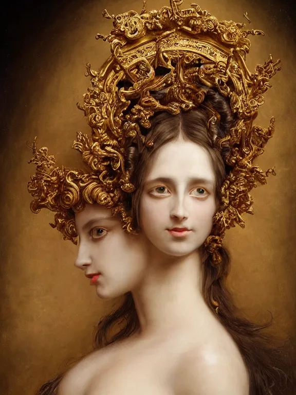 Image similar to a beautiful portrait render of baroque female demon with golden skin and identical eyes, ultra realistic, hdr, dramatic lighting, sculpture, painting, who wearing dramatic headdress, by  Louise Élisabeth Vigée Le Brun  and aaron horkey and Jean-Baptiste Greuzeand and peter gric and Franz Xaver Winterhalter,Artstation,pinterest,jewelry,porcelain,gold, woman demon,pearlescent,maximalist