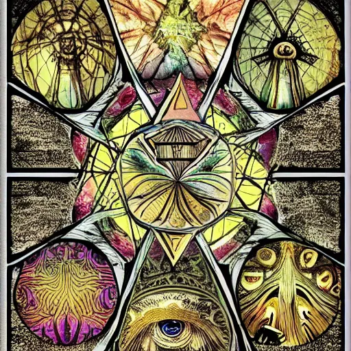 Prompt: a tarot card template, lsd, psychedelic, old, paper texture, da vinci code, sacred geometry, mushrooms, symmetrical, hyperrealistic, fungus a tarot card that reads lsd is good, psychedelic, old, paper texture, da vinci code, geometry, mushrooms