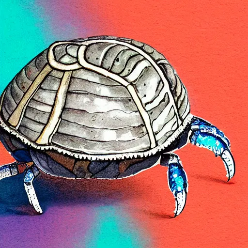 Prompt: illustration of one small small small standalone highly detailed minimalist hermitcrab! crab in an elaborate maximalist shell, with flemish baroque rococo unexpected elements. seen from the distance hd! matte paper background. soft natural pastel tones