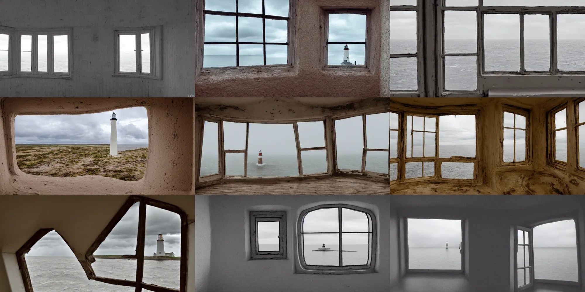 Prompt: lighthouse interior, from a big window you can see the stormy sky