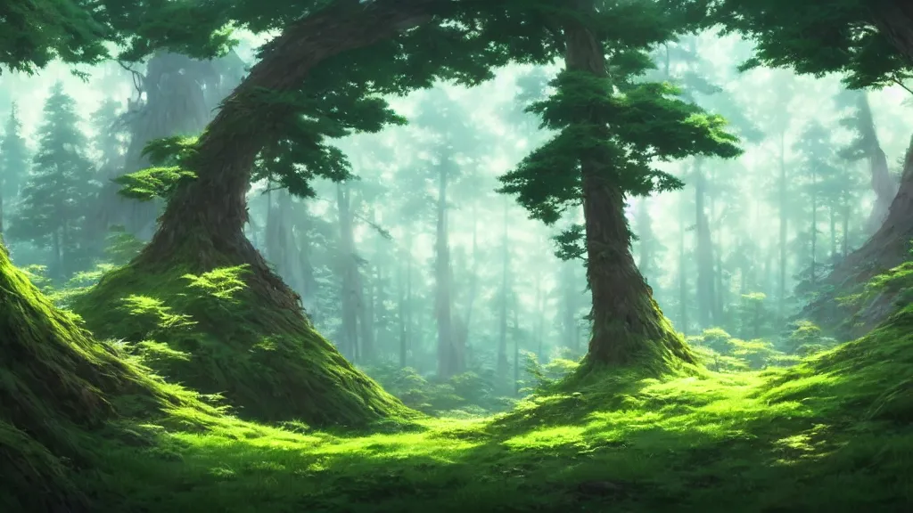 Image similar to forest clearing landscape, studio ghibli, pixar and disney animation, sharp, rendered in unreal engine 5, highly detailed, digital painting, artstation, concept art, smooth, sharp focus, illustration, wide angle, artbook, wallpaper, splash art, promo art, dramatic lighting, art by artgerm and greg rutkowski and bo chen and jin xiaodi