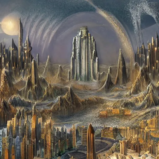 Image similar to fantasy rendering of atlantis rising, art deco city, torrent, maelstrom, dante, chiseled formations, atmospheric, ambient, frost, matte painting