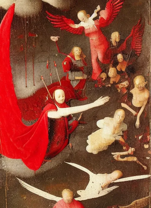 Image similar to flying fallen angels dressed in red with wings by Jan van Eyck, Hieronymus Bosch, Johannes Vermeer 4k post-processing, highly detailed medieval painting