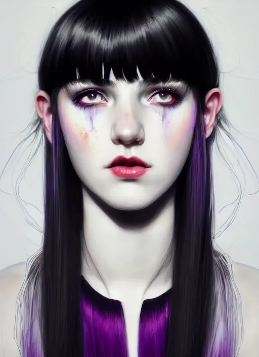 Image similar to portrait of teenage girl, red irises, bangs, black and white hair, white bangs, purple clothes, white bangs, two color hair, black hair and white bangs, intricate, elegant, glowing lights, highly detailed, digital painting, artstation, concept art, smooth, sharp focus, illustration, art by wlop, mars ravelo and greg rutkowski