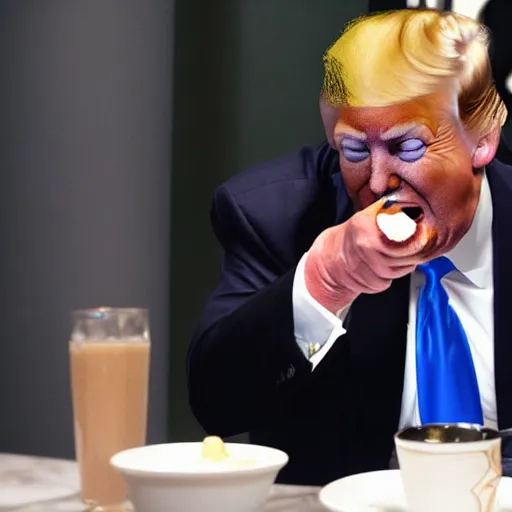 Image similar to crying donald trump in a highchair with pudding on face, gettyimages,