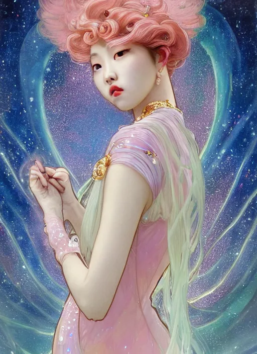 Image similar to Kim Ji-soo from Blackpink as magical celestial princess wearing luxurious futuristic chic slim pearlescent dress, bright gold eyes, peaceful expression, fantasy, intricate pink and royal blue dress, modeling for Dulce and Gabanna, accurately portrayed, portrait art by James Jean and Alphonse mucha, highly detailed, digital painting, concept art, illustration, multiversal paradise shining rgb luxurious lights, trending on artstation, very detailed, smooth, sharp focus, octane render, close up