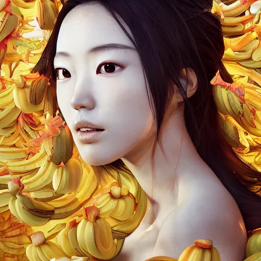 Prompt: the portrait of an absurdly beautiful, graceful, elegant young japanese woman made of bananas and petals looking up, an ultrafine detailed illustration by kim jung gi, irakli nadar, intricate linework, bright colors, octopath traveler, final fantasy, angular, unreal engine 5 highly rendered, global illumination, radiant light, detailed and intricate environment