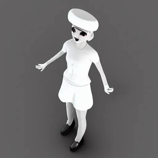 Prompt: Isometric 3d render of a mime girl, white background, ambient occlusion, cute, chibi proportions, low poly