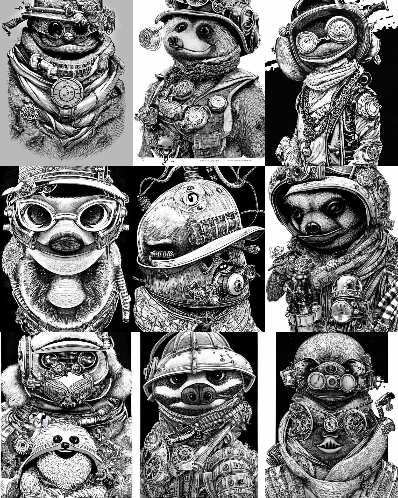 Prompt: highly detailed ink illustration full shot portrait of a steampunk sloth wearing a helmet and a scarf, b & w clean shaped illustration by kim jung gi, ric estrada, ron english and eiichiro oda