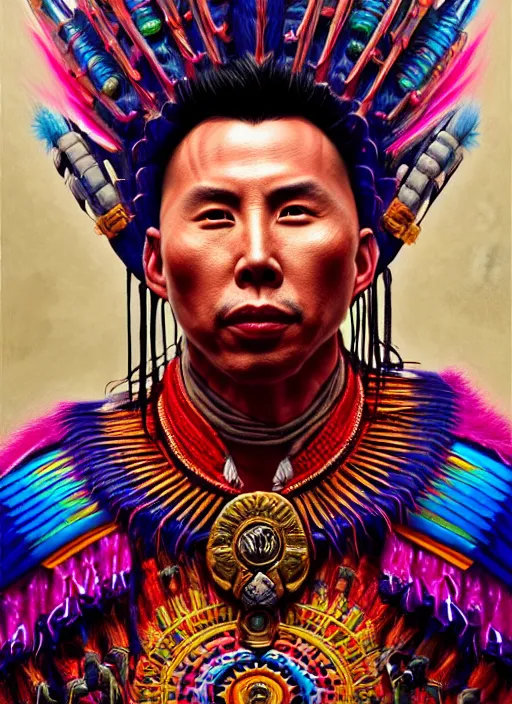 Image similar to portrait of donnie yen, hyper detailed ultra sharp aztec shaman warrior. trending on artstation, warpaint aesthetic, bloodwave, colorful, psychedelic, ornate, intricate, digital painting, concept art, smooth, sharp focus, illustration, art by artgerm and greg rutkowski and h. r. giger, 8 k