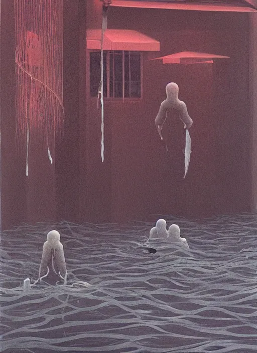 Image similar to tentacles reaching from underwater in transparent plastic bags, paper bags in hands and over the head, on flooded street Edward Hopper and James Gilleard, Zdzislaw Beksinski, highly detailed