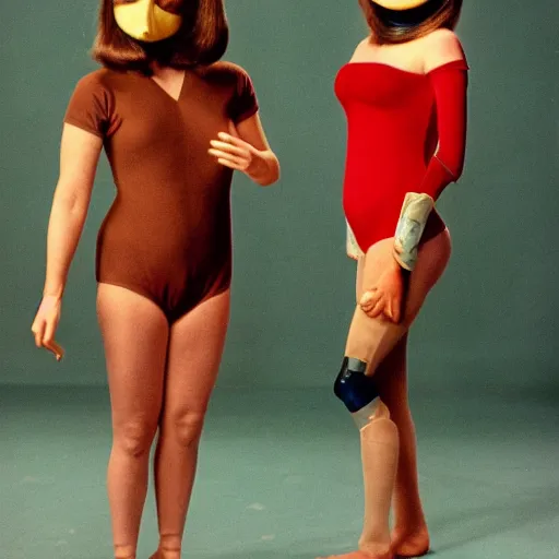 Image similar to 1970 twin women on tv show wearing a mask with a long prosthetic nose and nostril, wearing a leotard on the hillside 1970 color archival footage color film 16mm holding a hand puppet Fellini Almodovar John Waters Russ Meyer Doris Wishman