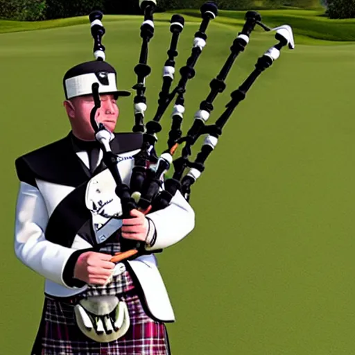 Image similar to Hornet playing bagpipes on a golf course, realistic, hyper real, detailed,