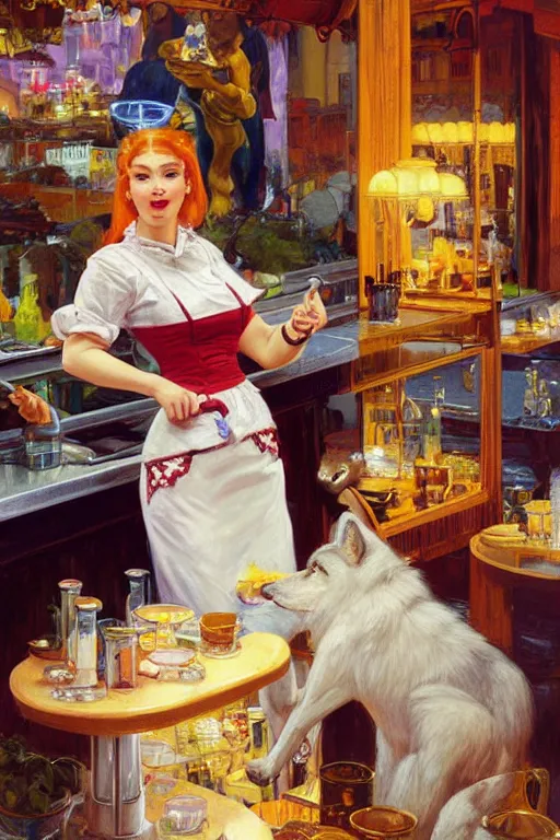 Image similar to illustration of a white female anthro wolf waitress serving milkshakes, 5 0's diner, 4 k, furaffinity, trending on artstation, very expressive face, energetic, bright colors, by gaston bussiere, craig mullins, j. c. leyendecker, gustav klimt, artgerm, greg rutkowski, alphonse mucha