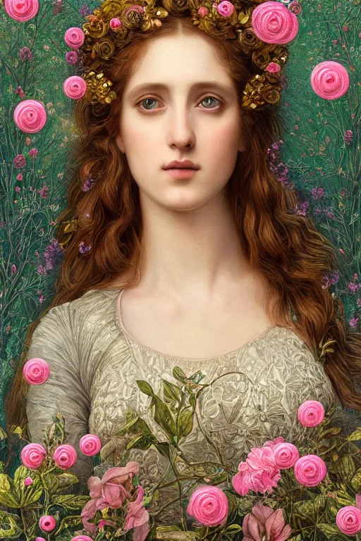 Image similar to elaborately Hyper detailed pre-raphaelite illustration of an extremely beautiful regal young attractive woman, surreal, flowers, pink bubbles, bright background, moonlight, very coherent symmetrical artwork high fantasy professionally painted digital art painting, smooth, sharp focus, highly detailed illustration highlights, golden ratio, 8K detail post-processing, symmetrical facial features, rich deep moody colors, award winning picture, trending on ArtstationHQ