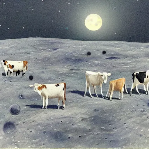 Prompt: cows on the moon, moonlight,