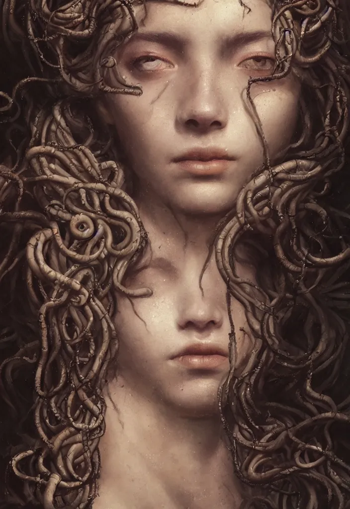Image similar to A beuatiful portrait of medusa by Greg Rutkowski, Sung Choi, Mitchell Mohrhauser, Maciej Kuciara, Johnson Ting, Maxim Verehin, Peter Konig, close up, Bloodborne , 8k photorealistic, cinematic lighting, HD, high details, dramatic, atmospheric , trending on artstation