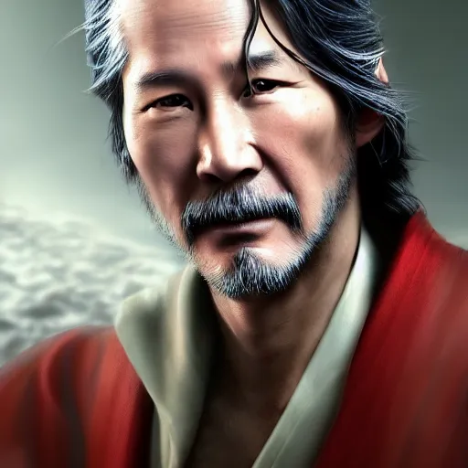 Image similar to portrait painting of a 6 0 year old kind handsome taoist priest ， looks like keanu reeves ， silver ponytail hair, amiable by yangjun chen, nadar, bright colors, octopath traveler, unreal engine 5 highly rendered, global illumination, radiant light, detailed and intricate environment