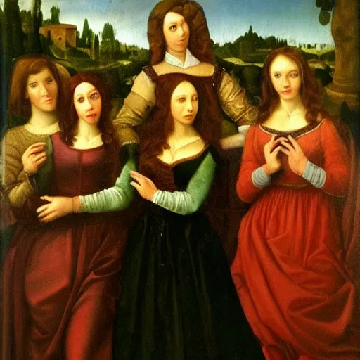 Image similar to Renaissance oil painting of a group of creepy young ladies