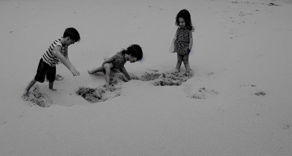 Prompt: little boy and girl play in sand in beach , Line art, b&w, high quality, how to draw, trending on artstation