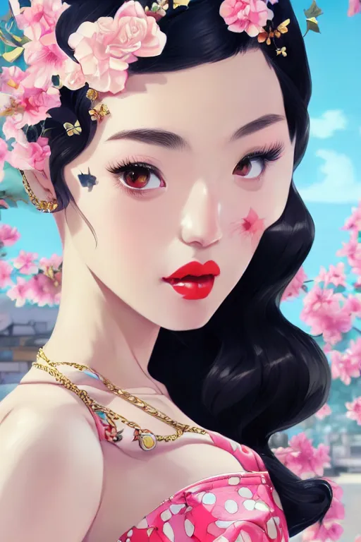 Image similar to a pin up and beautiful fashion dreamlke japan girl with lv jewelry, character art, art by artgerm and wlop and and ilya kuvshinov, hyperdetailed, 8 k realistic, symmetrical, frostbite 3 engine, cryengine, dof, trending on artstation, digital art, chanel, dior, fantasy background