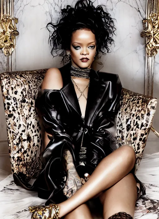 Image similar to rihanna styled by nick knight posing in an expensive mansion setting, vogue magazine, highly realistic. high resolution. highly detailed. dramatic. 8 k. 4 k.