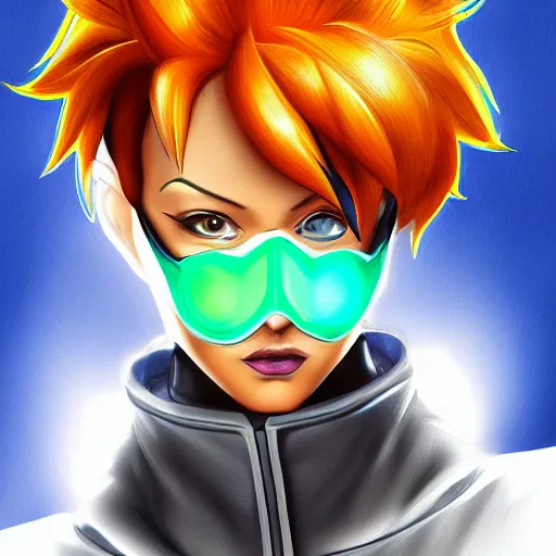 Prompt: digital cell shaded painting of tracer, detailed face, detailed expression,