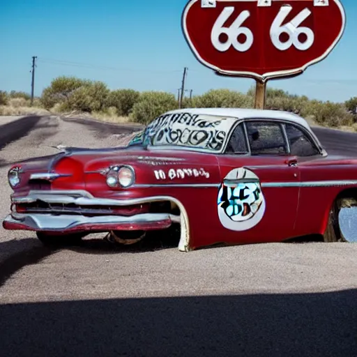 Image similar to a car with a beating heart on route66 3d 8k photo