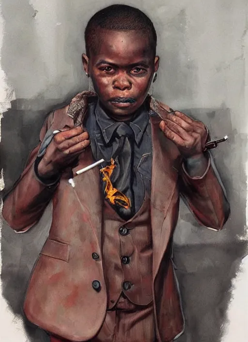 Image similar to portrait of a 7 year old child gang leader, dark gritty, wearing a suit, smoking, very detailed eyes, hyperrealistic, very detailed painting by Glenn Fabry, by Joao Ruas, by Artgerm