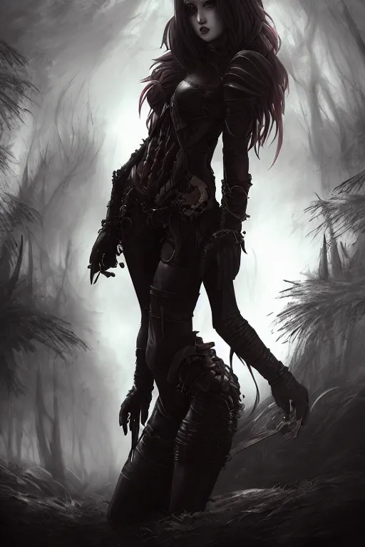 Image similar to dramatic atmospheric dark forest scenery, girl with vampire-fangs in hide leather armor, hyperdetailed, artstation, cgsociety, 8k