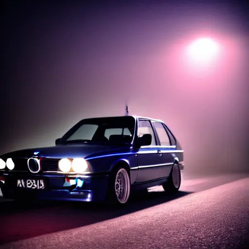 Prompt: a blue bmw e30 | nighttime | lights reflecting through haze and fog | darkness