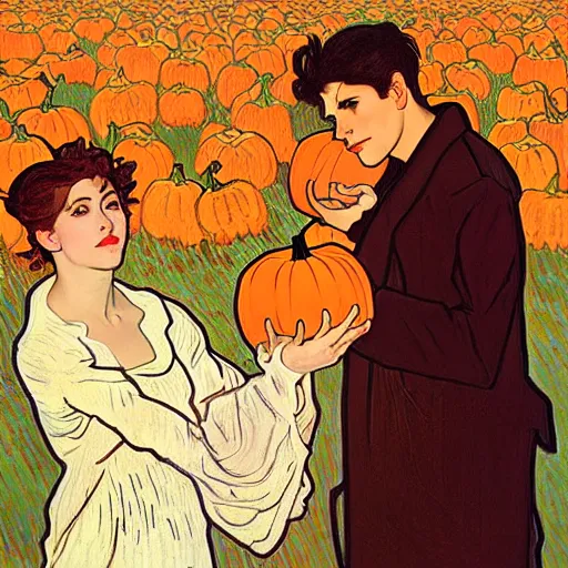 Image similar to painting of handsome young delicate beautiful jeffrey in his 2 0 s with brown hair and gorgeous rina together at the jack o'lantern halloween party holding pumpkins, elegant, clear, painting, stylized, art, art by alphonse mucha, vincent van gogh, egon schiele,