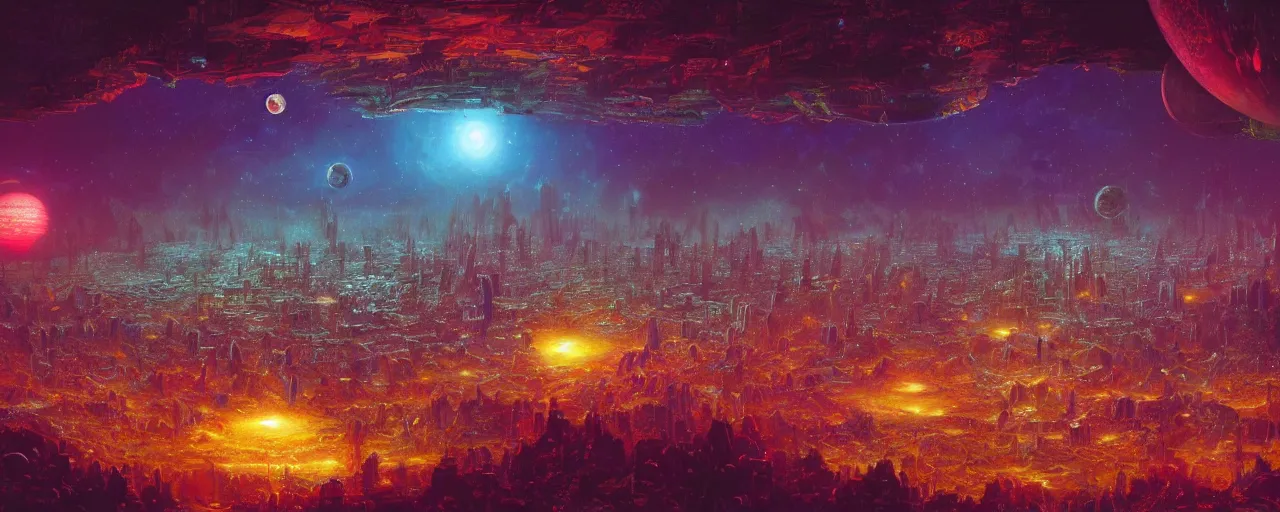 Image similar to outer planet covered in dripping honey with mega cities, [ art by paul lehr, cinematic, detailed, epic, widescreen, opening, establishing, mattepainting, photorealistic, realistic textures, octane render ]