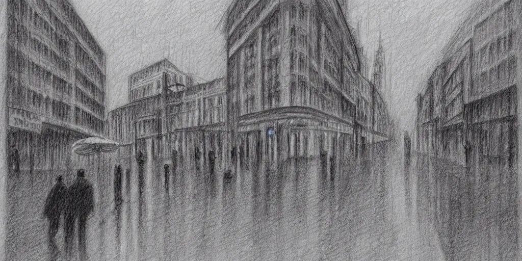 Image similar to a drawn gloomy city in the rain. pencil sketch