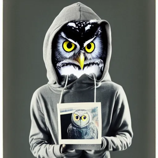 Image similar to anthropomorphic owl in a hoodie, holding a magazine, 9 0 - s fashion, polaroid photo, by warhol,