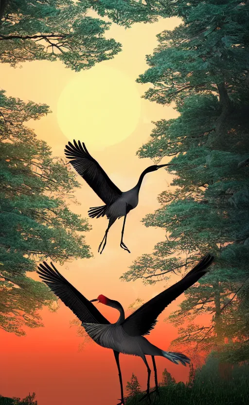 Prompt: made in blender, a huge japanese crane bird is chilling above a lake in the middle of a forest of japanese pines, a big red sun in the background, front game card, realistic rendering, high details, trending on behance, 8k, stunning, volumetric lights