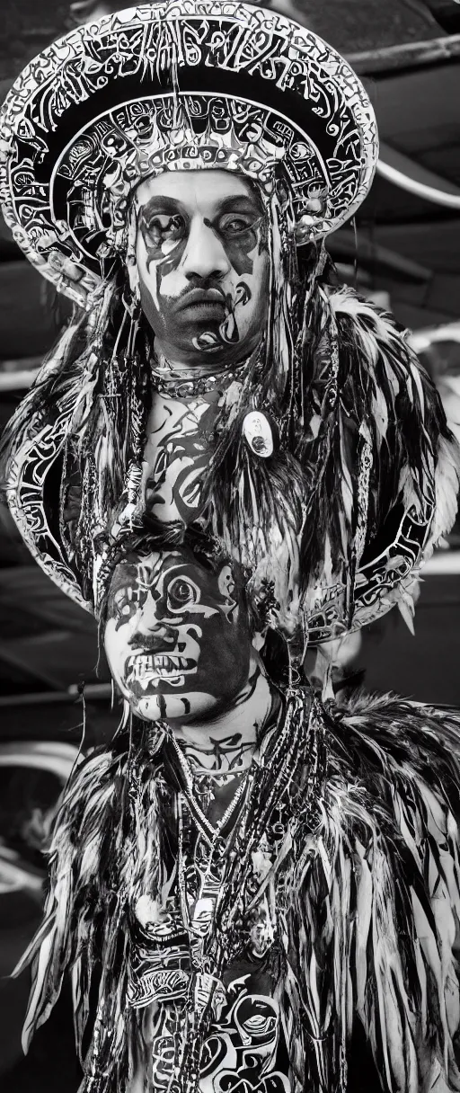 Prompt: photoperiodism portrait of an indigenous cholo goth mechanoid shaman dressed with a quetzalcoatl feathered serpent dancing over the ceiling of a lowrider police patrol in brooklyn