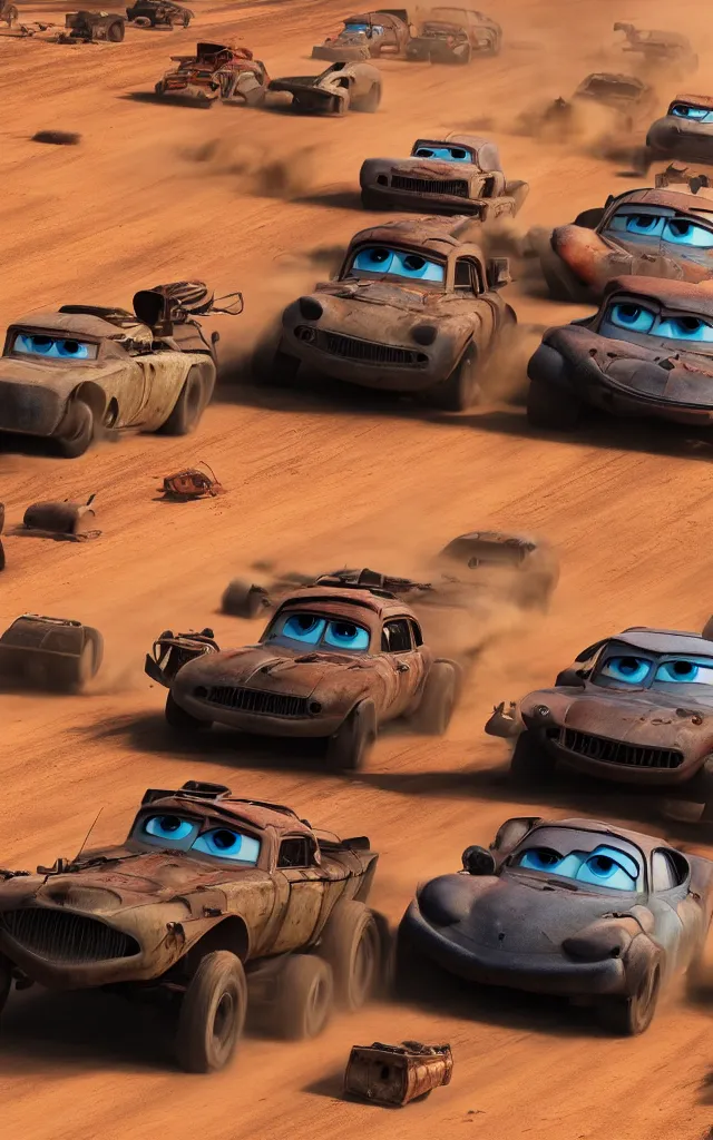 Image similar to pixar cars racing fast in the world of mad max fury road. 4 k ultra detailed