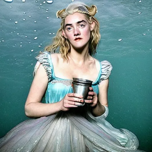 Prompt: A 18th century, messy, silver haired, (((mad))) elf princess (look like ((young Kate Winslet))), dressed in a lacy ((ragged)), wedding dress, is ((drinking a cup of tea)). Everything is underwater! and //floating//. Greenish blue tones, theatrical, (((underwater lights))), high contrasts, fantasy water color, inspired by John Everett Millais's Ophelia