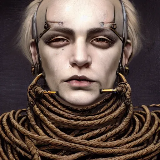 Image similar to portrait of a Shibari rope wrapped face and neck, headshot, insanely nice professional hair style, dramatic hair color, digital painting, of a old 15th century, old cyborg merchant, amber jewels, baroque, ornate clothing, scifi, realistic, hyperdetailed, chiaroscuro, concept art, art by Franz Hals and Jon Foster and Ayami Kojima and Amano and Karol Bak,