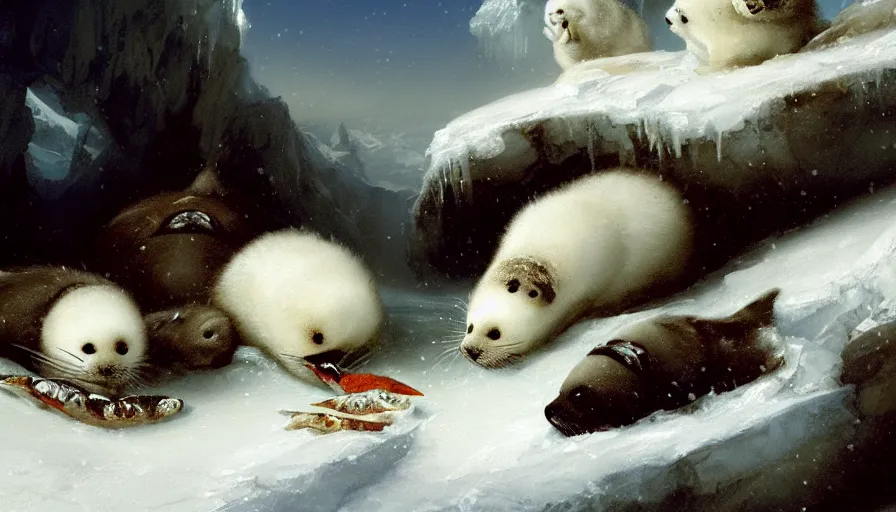 Prompt: highly detailed closeup painting of cute furry white baby seals eating fish inside a snowy fantasy ice crystal cavern by william turner, by greg rutkowski, by william constable, thick brush strokes and visible paint layers, 4 k resolution