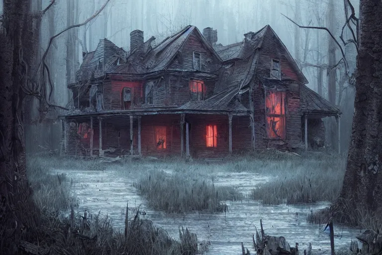 Image similar to abandoned desolate house in the swamp, gloomy, highly detailed, digital painting, artstation, concept art, sharp focus, illustration, art by artgerm and greg rutkowski