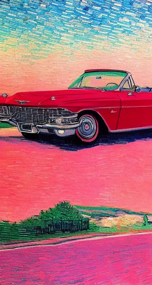 Image similar to far away photo of a 1 9 6 3 red cadillac convertible driving down an empty highway into a pink sunset, aesthetic, minimalist, realistic, surreal, by vincent van gogh