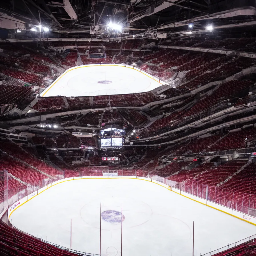 Prompt: dimly lit hockey stadium ice level 4 k photography