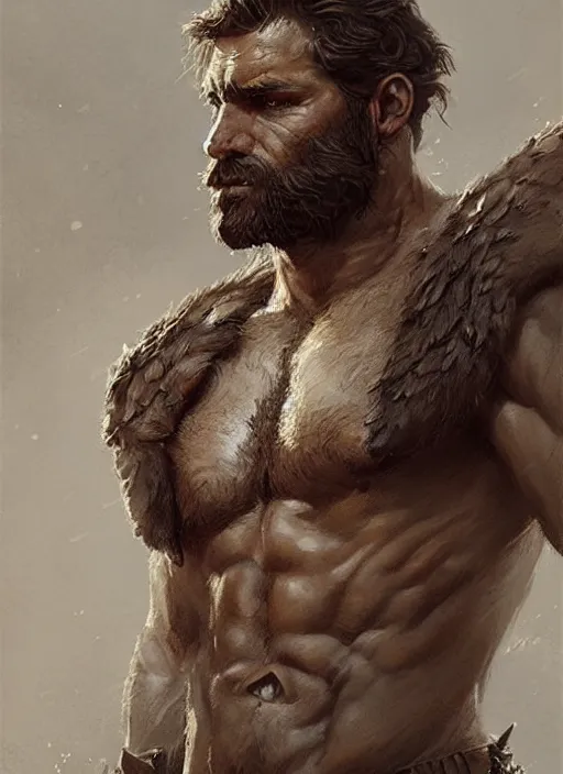 Image similar to portrait of a rugged ranger, muscular, upper body, hairy torso, D&D, fantasy, intricate, elegant, highly detailed, digital painting, artstation, concept art, smooth, sharp focus, illustration, art by greg rutkowski