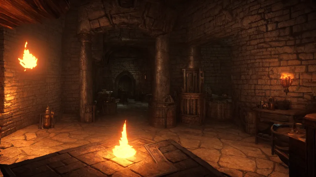 Image similar to delicious torch lit prison dungeon jail cell alchemist light magic atmospheric unreal engine hyperreallistic render 8k character concept art masterpiece screenshot from the video game the Elder Scrolls V: Skyrim moody orange 2700K global illumination